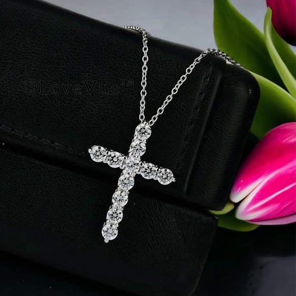 4mm Diamond Brilliant Cut Cross Pendant Necklace - Picture 5 of 17